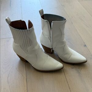 Buckle White Western-Style Ankle Boots with Stacked Heel